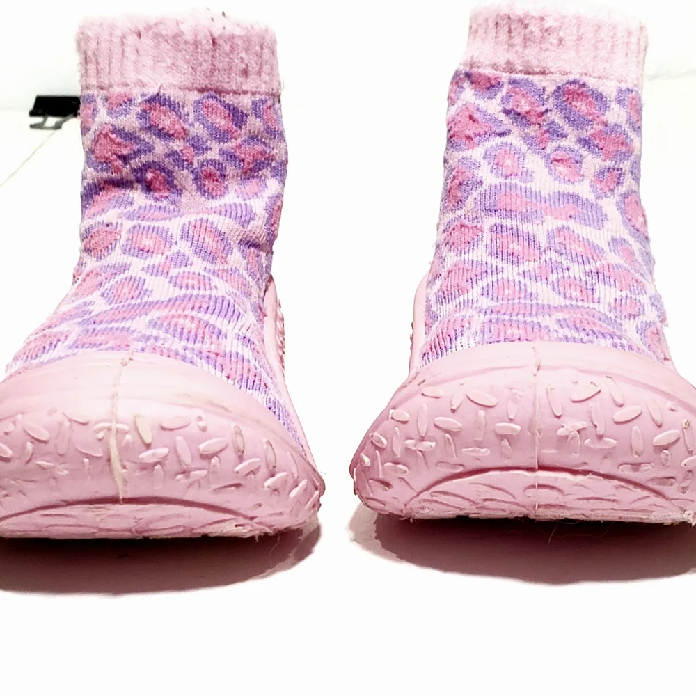 Lily & Dan Pink Purple Leopard Print Rubber Grip Slipper Socks Shoe Size 18-24M
